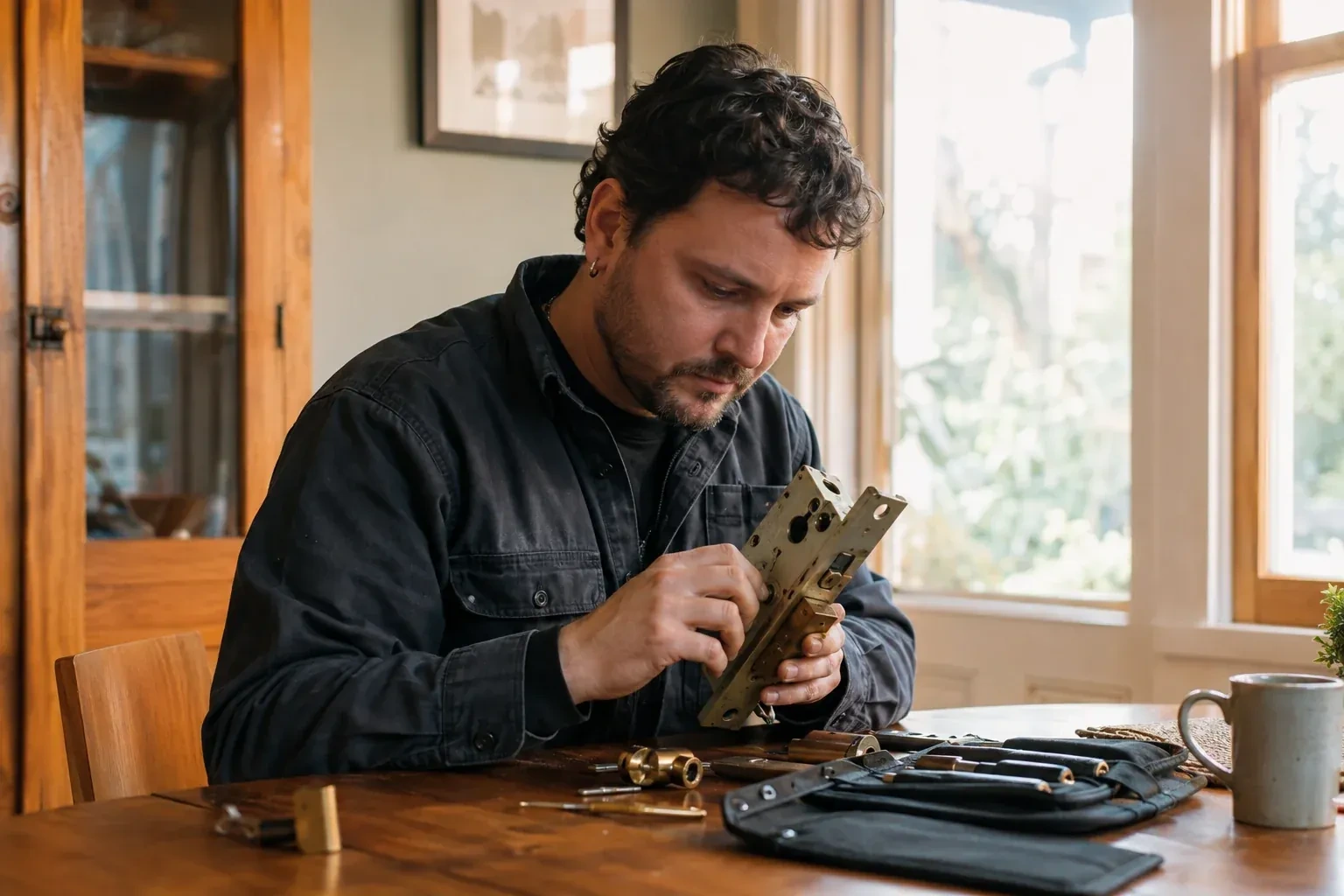 Person seated at a wooden table examining a brass mortise lock body, with a tool roll, small lock parts and a mug. — Westdale