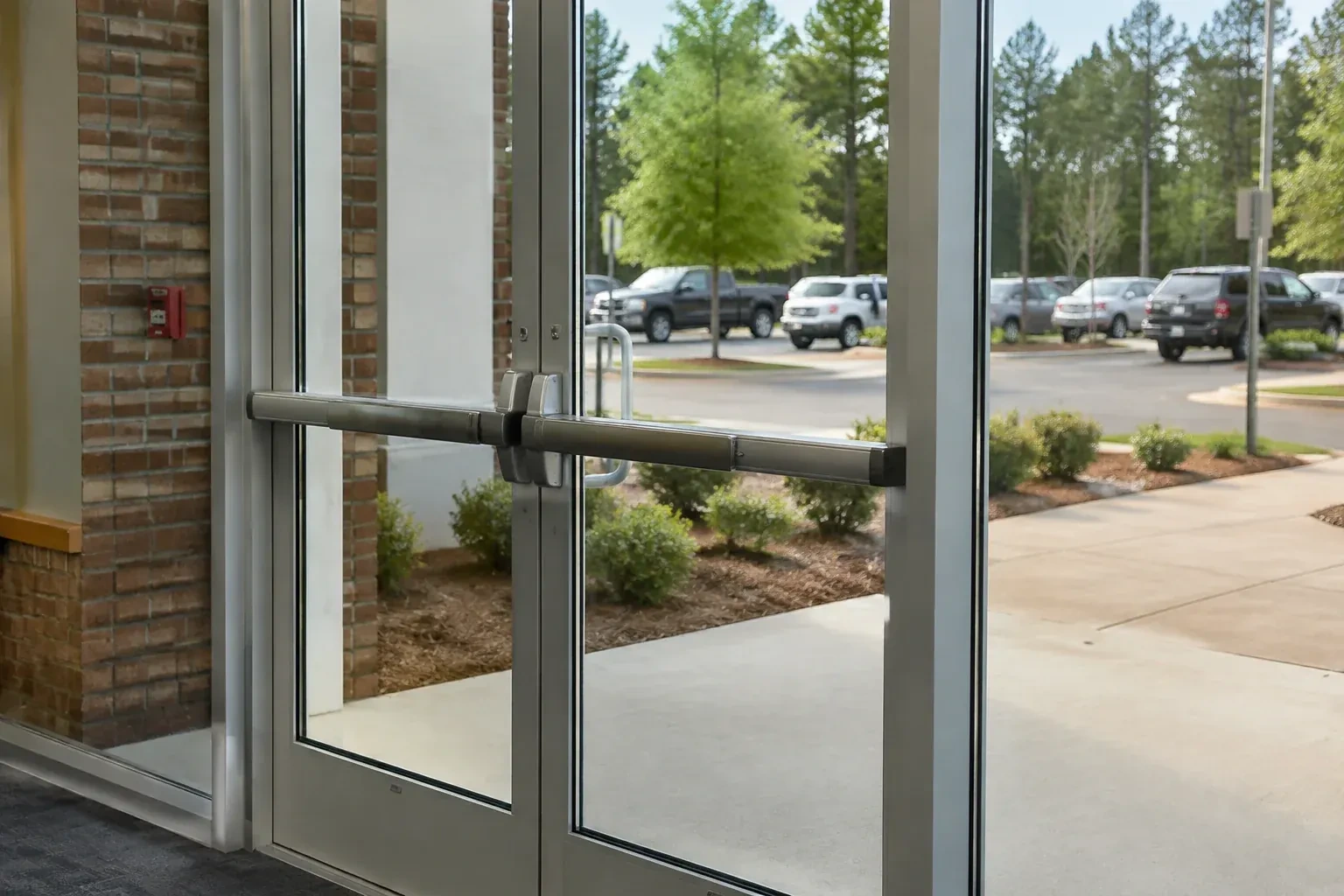 Double glass doors in metal frames with a horizontal push bar, beside a brick wall, with a parking lot and trees outside. — Buchanan