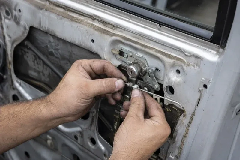 Hands holding a small linkage beside an exposed car-door lock mechanism with the interior trim removed. — Vehicle Lock Repair, Hamilton
