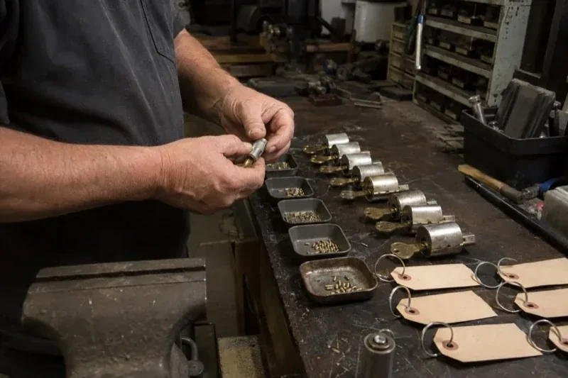 Person handling a lock cylinder at a workbench lined with cylinders, keys, small pin trays and blank key tags. — Commercial Rekeying, Hamilton
