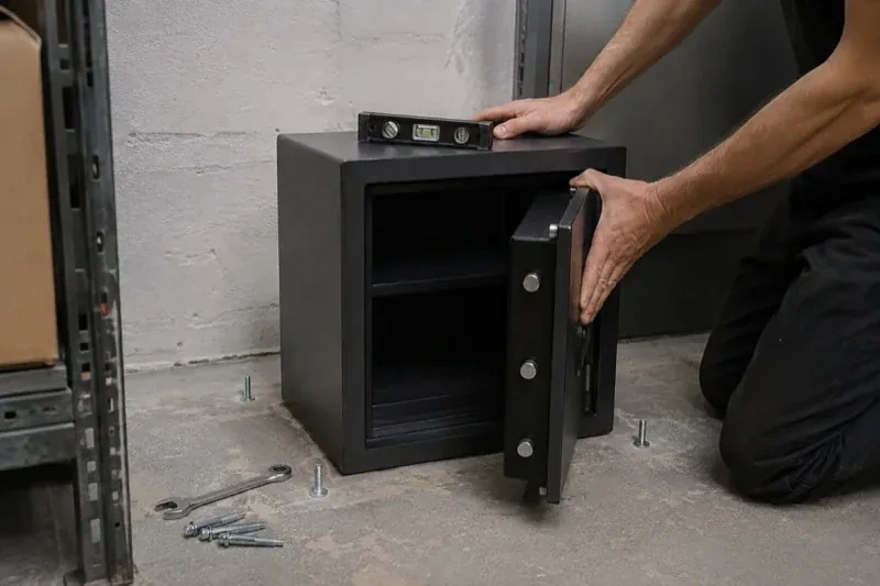 Person kneeling beside an open black safe with a spirit level on top and loose bolts and a wrench on the concrete floor. — Safe Installation & Servicing, Hamilton