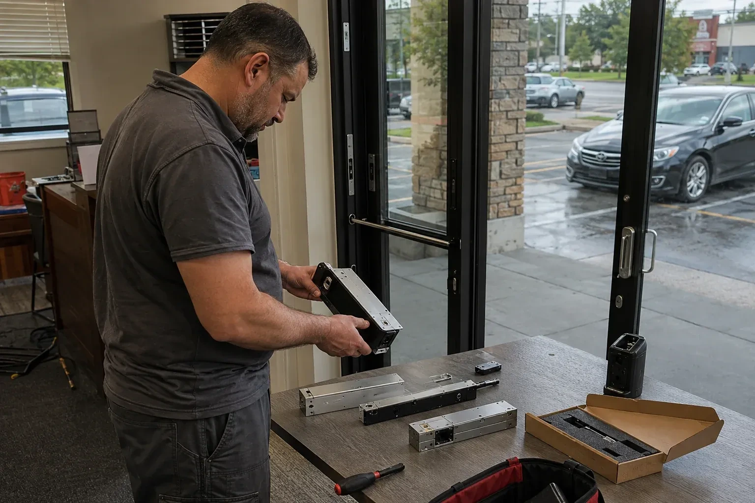Person holding a rectangular door-hardware housing at a table with additional metal assemblies beside a glass entrance. — Access Control Installation, Hamilton
