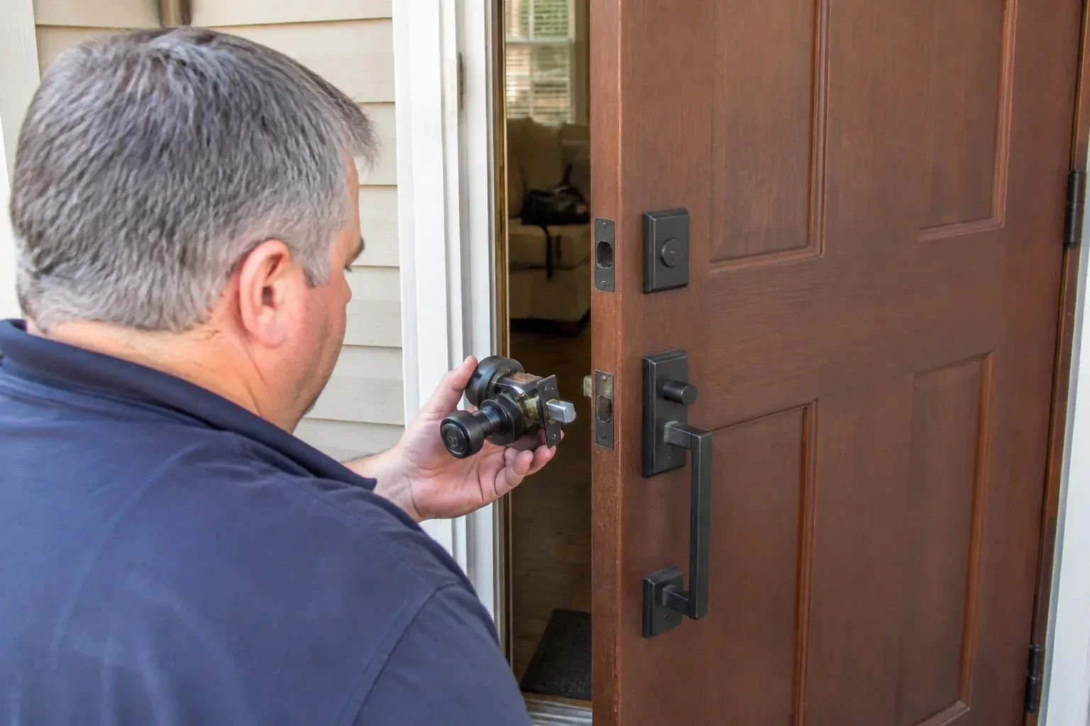 Person holding a removed black lock assembly beside a partly open brown front door with a long black pull handle. — Home Lockout Service, Hamilton