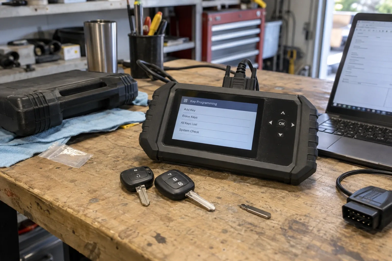 Rugged handheld tablet showing a menu on a workbench beside two key fobs, a laptop, a cable plug and a blue cloth. — Waterdown