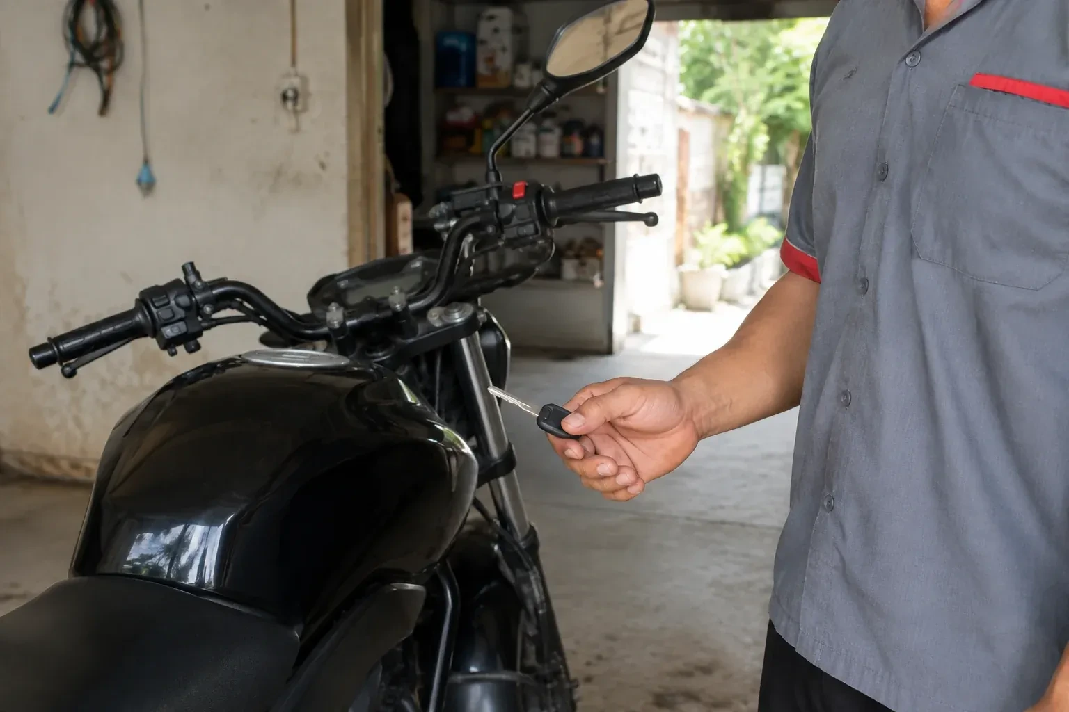 Technician holding a black-headed key beside a parked motorcycle. — Motorcycle & Scooter Keys, Hamilton