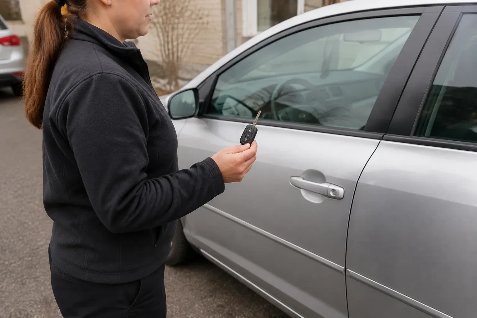 Technician holding a remote key with an extended blade beside a silver car. — Car Key Replacement, Hamilton