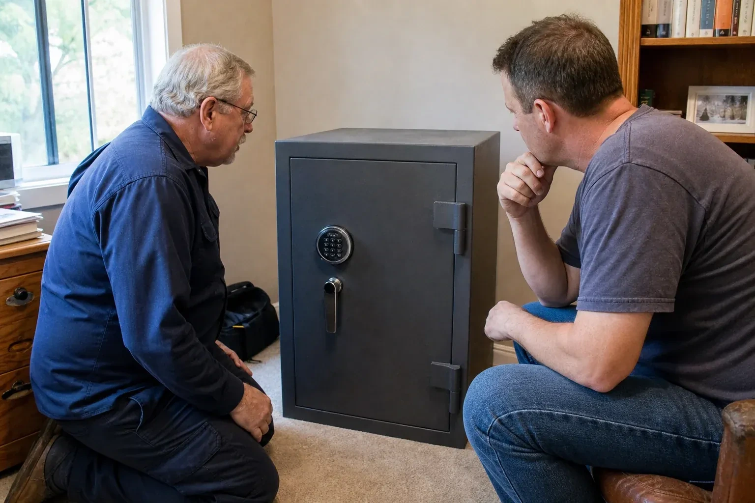 Two adults discussing a closed keypad safe in a home study. — Safe Opening & Combination Change, Hamilton